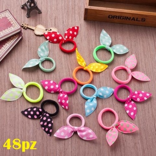 Set 48 Pezzi Molle Elastici Capelli Fiocco Orecchie Coniglio Colorati Ragazz moc