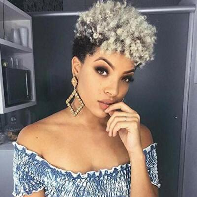 Short Afro Kinky Curly Synthetic Wigs Grey mixed Black Pixie Cut Wig for Women