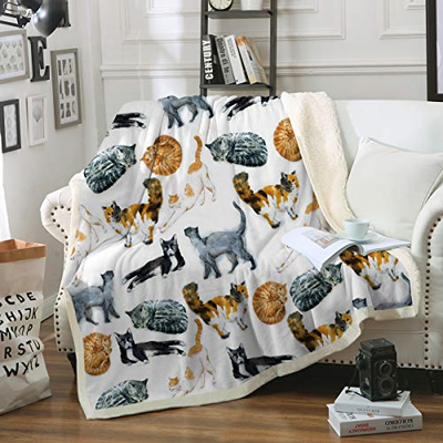 Sleepwish Cat Fleece Throw Blanket Hipster Cats Pattern Sherpa