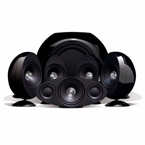 Kef KHT3005 (Egg) surround sound speakers with Kef sub and stands in