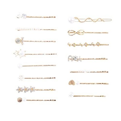 15 Packs Rhinestone Faux Pearl Wedding Hair Accessories - Elegant Golden Bobby 