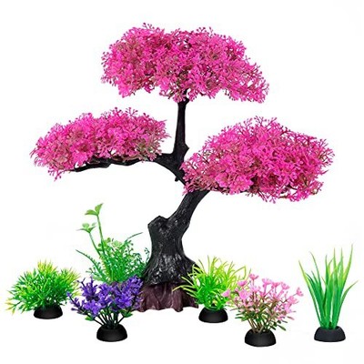 Aquarium Artificial Plastic Plants Decoration, Pink Cherry Blossom Tree &