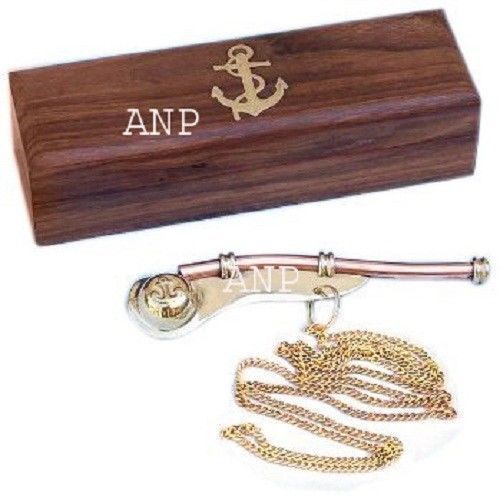 5" Brass golden Boatswain Whistle w Chain Wooden Box Bosun Call Pipe Maritime,