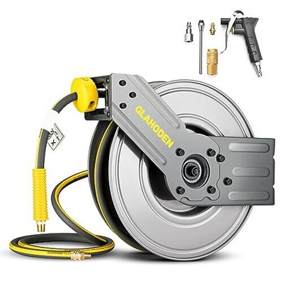 Retractable Air Hose Reel 3/8 in Ã— 25 Ft Hybrid Hose Heavy Duty Steel Air Compr