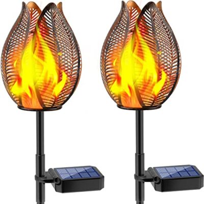 Outdoor Flickering Flame Solar Garden Lights Metal Flower Lights Wi