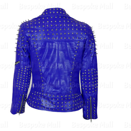 Pre-owned Handmade Women's Blue Punk Heavy Metal Spiked Studded Brando Biker Leather Jacket-8