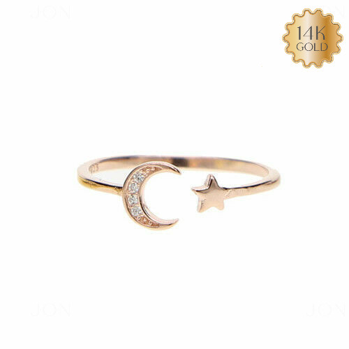Diamond Pave Crescent Moon & Star Ring Solid 14k Yellow Gold VS1 Clarity F Color