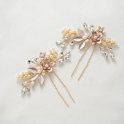 SWEETV 2Pcs Wedding Hair Pins for Brides, Gold Wedding Hair Accessories for Brid