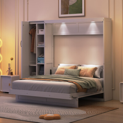 Full Queen Size Murphy Bed Wall Beds with Wardrobe Storage Shelves & LED Lights 