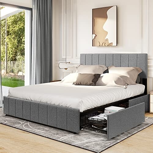 Upholstered Platform W/ Storage Drawer+adjustable Headboard