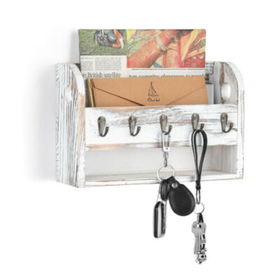 Wall Mount Key&Letter Holder Organizer Wood Mail Sorter w/5 Hooks for Home Decor