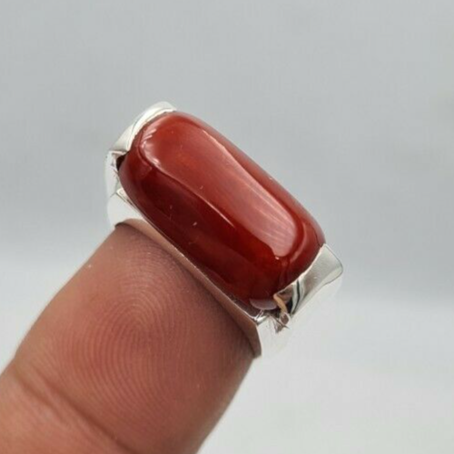 Pre-owned Handmade Natural Dark Deep Red Coral Moonga Coral Ring Marjan Unisex Ring Silver Jewelry