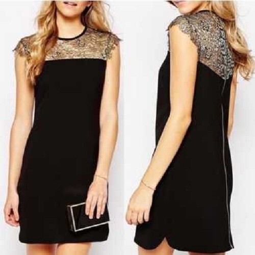 TED BAKER London Черно-золотое кружевное прозрачное платье-сорочка Lorenne с кокеткой 3TB = 8 US = M