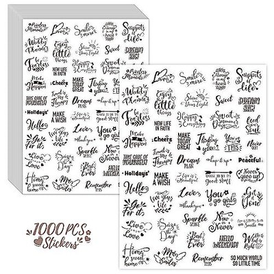 1000 PCS Vintage Words Sticker, 50 Unique Designs Clear Black Font