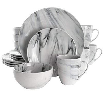 Fine Round Gloss Dinnerware Dish Set 16 Piece Black And White Marble