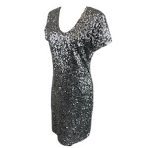 Maner Mini Dress Women's Size Medium Silver Sequin Short Sleeve Party Cocktail