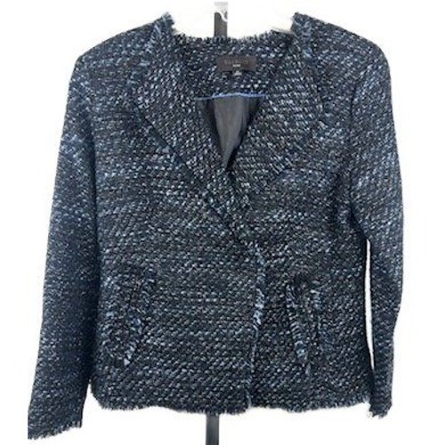 Talbots Tweed Blazer Women's Size 2P Petite Black Blue Metallic Fringe Jacket
