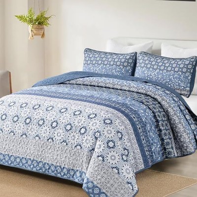  Boho Quilt Set Queen Bohemian Striped Patchwork Summer Queen(96''×90'') Blue