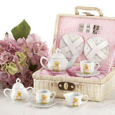 Delton Children's Porcelain Tea Set for 2 in Wicker Basket