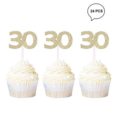 Newqueen 24 Pack Gold Glitter 30th Birthday Cupcake Toppers Age