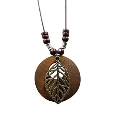 KIFEDSLJ Wooden Pendant Necklace with Owl Leaf Elephant Flower Handmade leaf