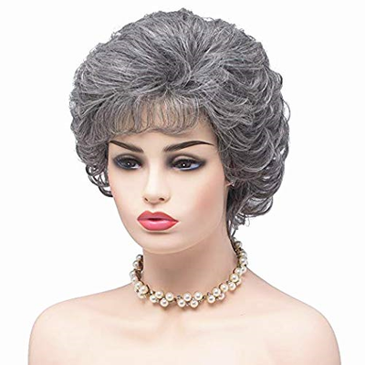 Bestung Ladies Silver Grey Short Curly Synthetic Full Hair Wigs