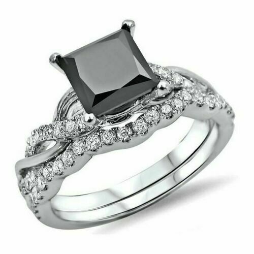 Pre-owned Natsoul 4ct Princess Cut Black Diamond Bridal Set Engagement Ring 925 Sterling Silver