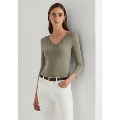 

Женский топ из эластичного хлопка с кружевной отделкой Lauren Ralph Lauren, приглушенный цвет мха, размер L, Зеленый