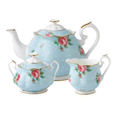 Royal Albert Polka 3-Piece Teapot, Sugar & Creamer, Blue Multi Tea Set