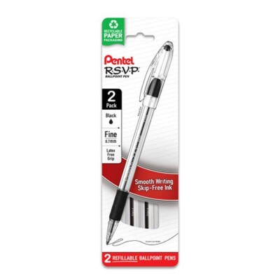 Pentel RSVP Ball Point Pen 0.7mm Fine Point Capped Black 2/Pk Office School Home