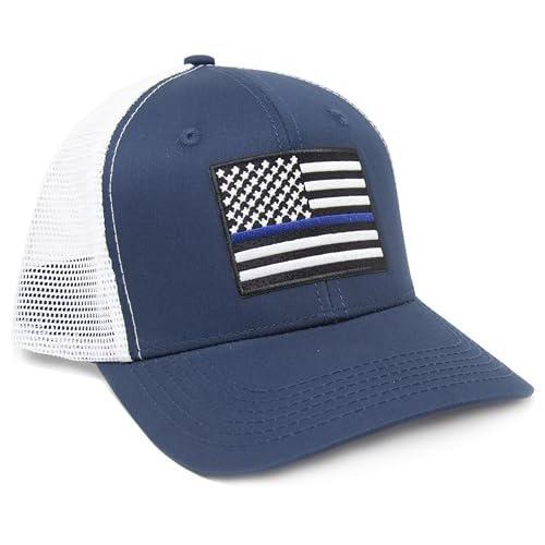USA Thin Blue Line Flag Hats - Snapback Trucker Baseball Hat (Navy White)