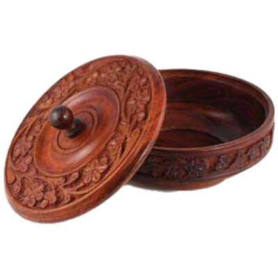 Floral Carved Wood Bowl w/ Lid Container Gifts Box Snacks Herbs Trinkets Jewelry