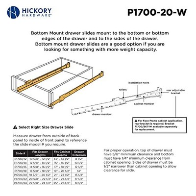 P1700/20-W 20-Inch Bottom Mount Euro Drawer Slide White