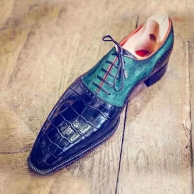 Handmade Hand Stitched Blue Crocodile Texture Leather, Suede Whole-Cut Men Shoes