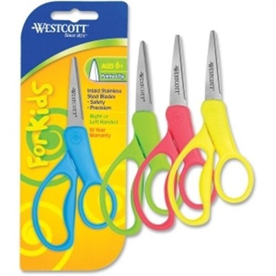 Westcott For Kids Scissors, 5'' Length, 1 3/4'' Cut, Pointed,Blue/Green/Pink/Yello