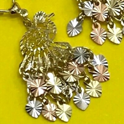 Pre-owned Handmade Gold Peacock Chandelier Earring 14k Solid Real Filigree Gypsy Long Dangle 2" In Multicolor