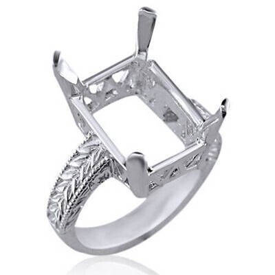 Emerald Engraved Shank Ring Setting Sterling Silver
