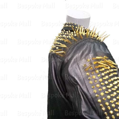 Pre-owned Handmade Men's Punk Black Golden Spiked Studded Unique Cowhide Biker Leather Jacket-19