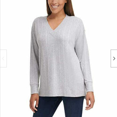 ANDREW MARC WOMEN'S V-NECK RIBBED TOP (HEATHER GRAY SMALL)NWT
