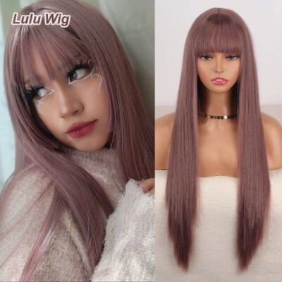 Long Wine Red Wig With Bang Synthetic Wigs for Women Heat Resistant Natural Hair