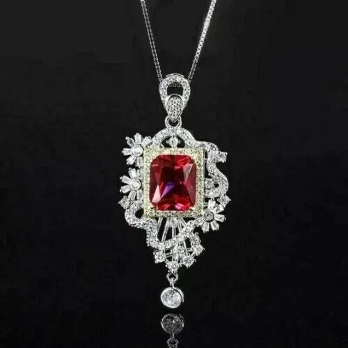 Art Deco Lab Created Diamond Radiant Garnet Floral Pendant 14K Two-Tone Gold FN