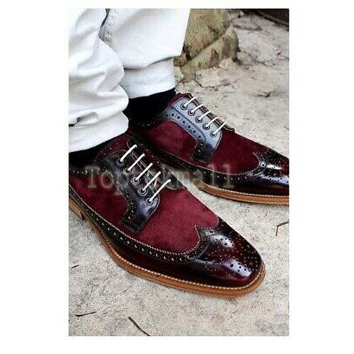 Pre-owned Handmade Men's Leather Maroon Black Party Wear Stylish Oxfords Brogue Shoes-208 In Two Tone