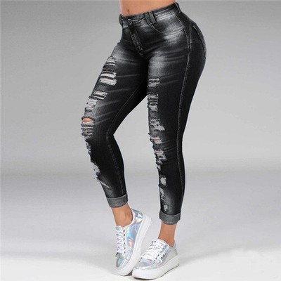 Womens High Waist Skinny Stretchy Ripped Denim Jeans Pants Trousers Jeggings US