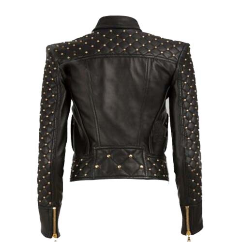 Pre-owned Handmade Woman's Quilted Golden Studded Brando Style Black Cowhide Leather Jacket-906