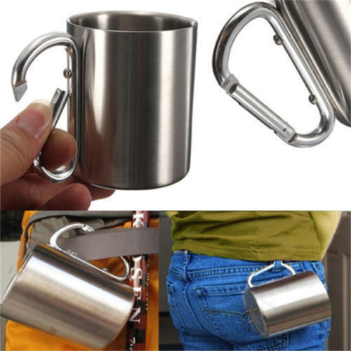 Outdoor Camping Cup Stainless Steel Coffee Mug Carabiner Hook Double Wall 220ml