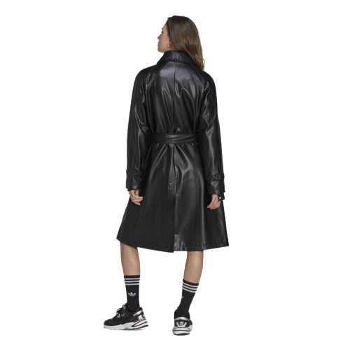 Pre-owned Adidas Originals Faux Leather Belted Trench Coat Black Ii6083 Women's Size L