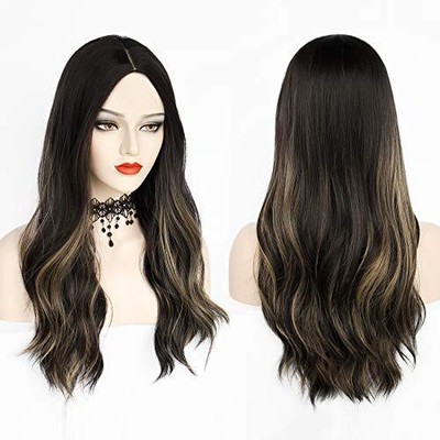 Ombre Brown Black Mixed Blonde Wigs for Women Long Black Highlights Wave Wig ...