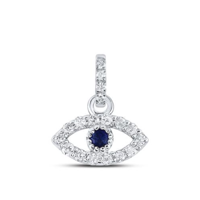 14K White Genuine Gold Round Diamond & Blue Sapphire Evil Eye Pendant 1/12 CT