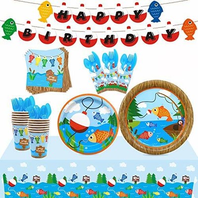 PARTY TABLEWARE SET Gone Fishing Birthday Banner Plates Cup Serves 20 NEFELIBATA