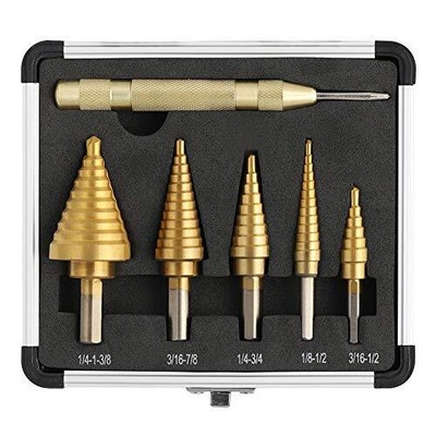 COMOWARE Step Drill Bit Set & Automatic Center Punch- Unibit Titanium Coated ...